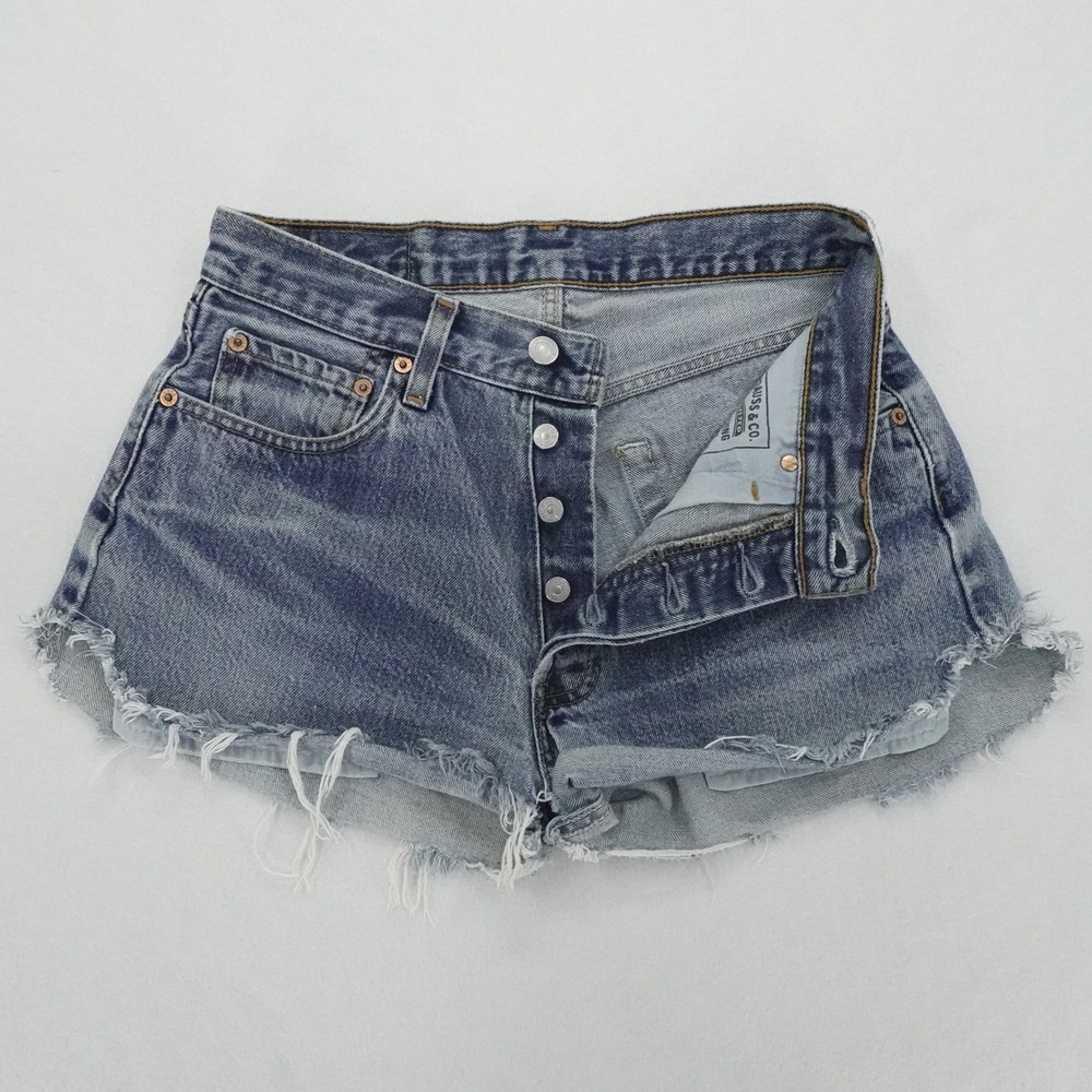 High-Rise Distressed Denim Shorts - Blue